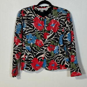 Anne Crimmans for UMI Blazer Women’s Medium Black Red Buttons Floral Animal